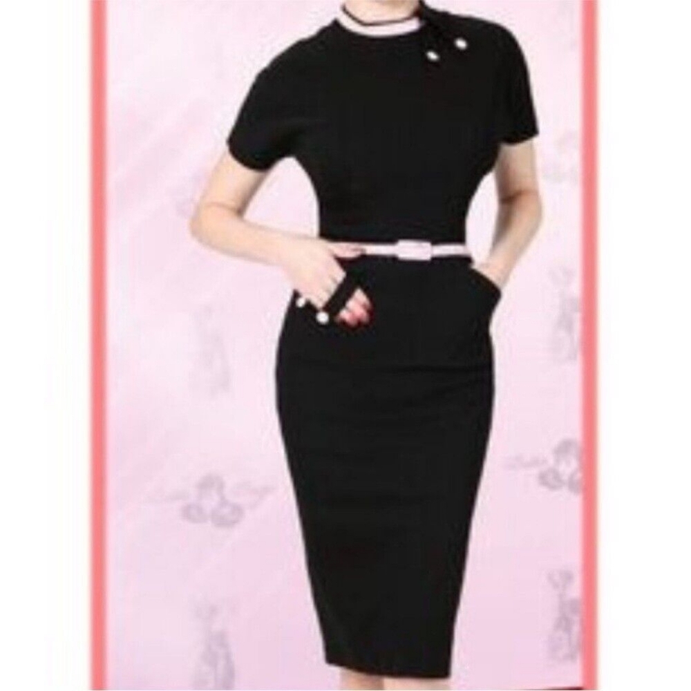 Bettie Page Vintage Inspired Black Wiggle Dress with Belt